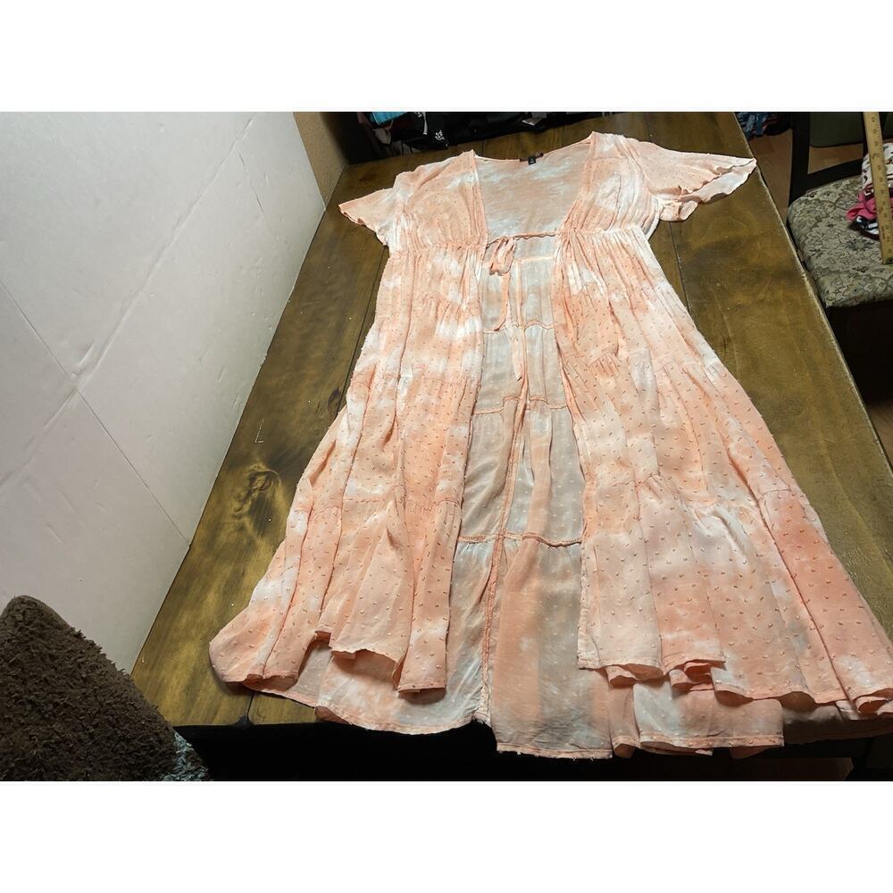 Torrid Top Women Plus Sz 2 Peach Pink Tie Dye Clip Dot Kimono Long Line Boho Tie
